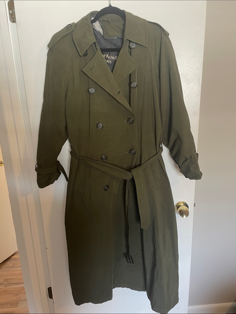 Anne Klein Green Belted Trench Coat with Removable Zipper Lining